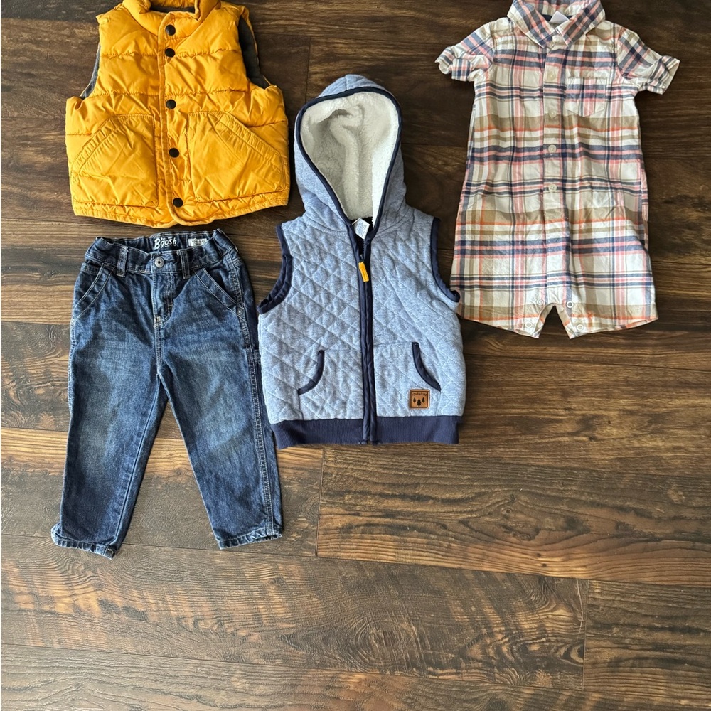 Little Boys Clothing. Set includes 2 vests, jeans & one piece size 18 mos.